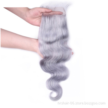 hair extension products  Brazilian virgin hair grey silver body wave 10A lace frontal closure